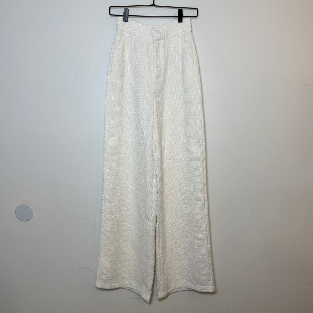 Showpo Walters Cream Tweed Boucle Wide Leg High Waisted Trousers Pants Size 0 US